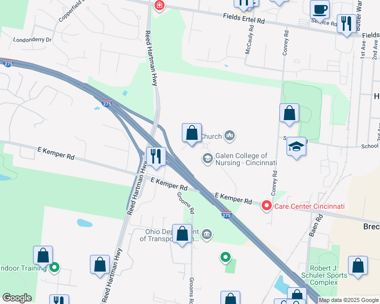 map of restaurants, bars, coffee shops, grocery stores, and more near 399 East Business Way in Sharonville