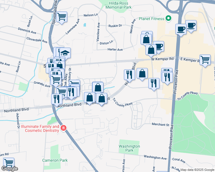 map of restaurants, bars, coffee shops, grocery stores, and more near 11580 Olde Gate Drive in Springdale