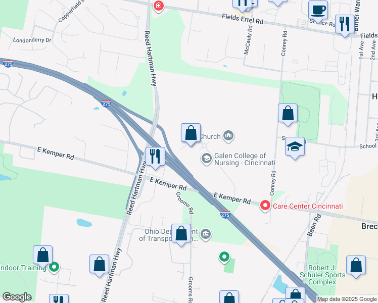 map of restaurants, bars, coffee shops, grocery stores, and more near 300 East Business Way in Cincinnati
