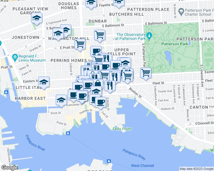 map of restaurants, bars, coffee shops, grocery stores, and more near Fleet St & S Wolfe St in Baltimore