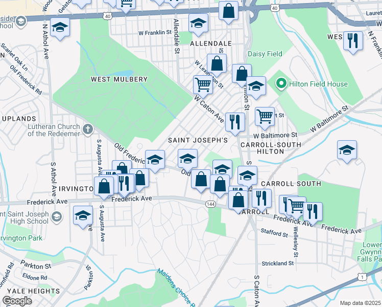 map of restaurants, bars, coffee shops, grocery stores, and more near 141 South Kossuth Street in Baltimore