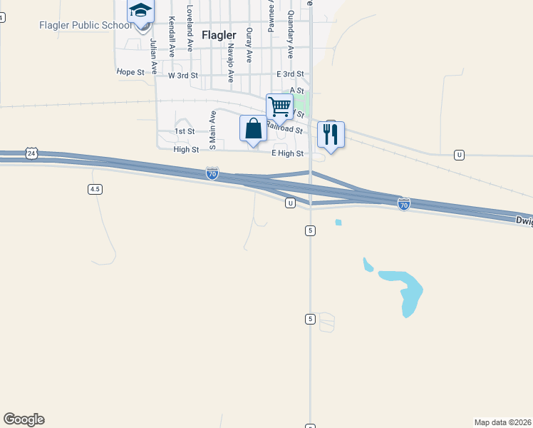 map of restaurants, bars, coffee shops, grocery stores, and more near 4794 Interstate 70 Frontage Road in Flagler