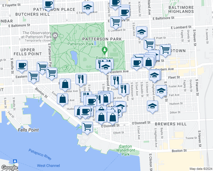 map of restaurants, bars, coffee shops, grocery stores, and more near 622 South Linwood Avenue in Baltimore