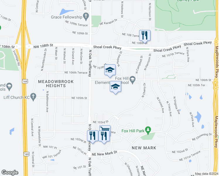 map of restaurants, bars, coffee shops, grocery stores, and more near 515 Northeast 106th Street in Kansas City