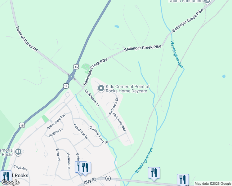 map of restaurants, bars, coffee shops, grocery stores, and more near 1727 Fletchers Drive in Point of Rocks