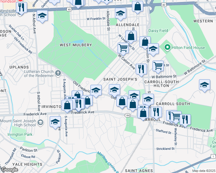 map of restaurants, bars, coffee shops, grocery stores, and more near 105 South Culver Street in Baltimore