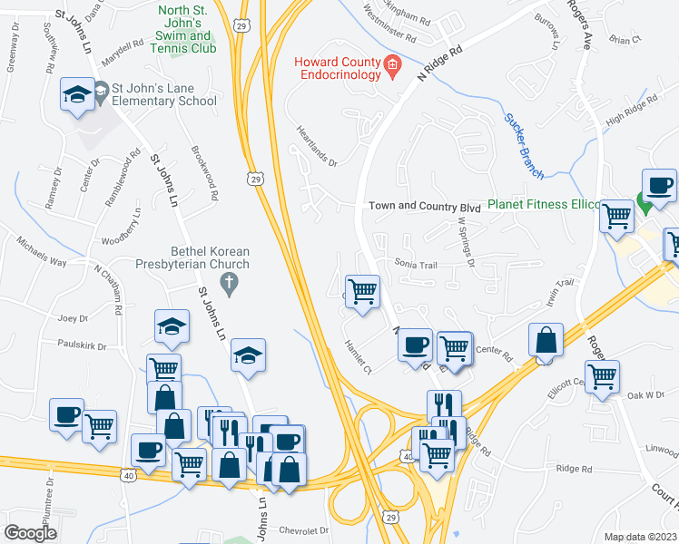 map of restaurants, bars, coffee shops, grocery stores, and more near 10435 Resort Road in Ellicott City