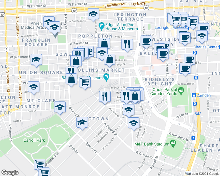 map of restaurants, bars, coffee shops, grocery stores, and more near S Poppleton St & McHenry St in Baltimore