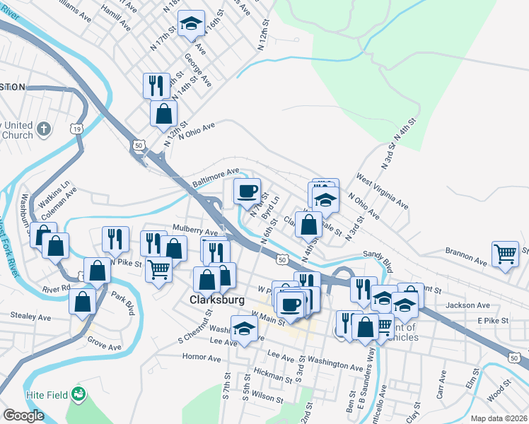 map of restaurants, bars, coffee shops, grocery stores, and more near 701-707 Clark Street in Clarksburg
