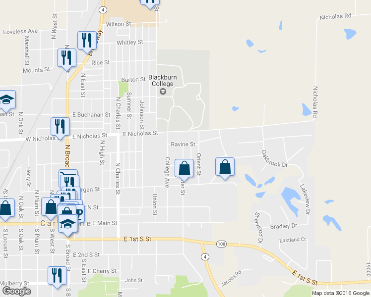 map of restaurants, bars, coffee shops, grocery stores, and more near 437 North Center Street in Carlinville