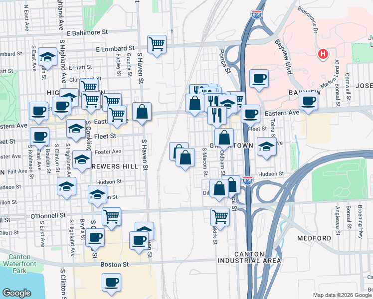 map of restaurants, bars, coffee shops, grocery stores, and more near 4401 Eastern Avenue in Baltimore