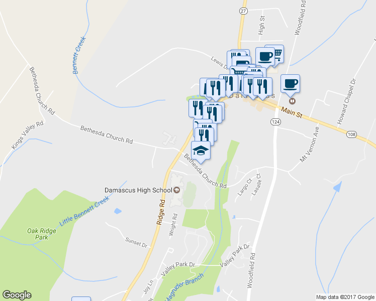 map of restaurants, bars, coffee shops, grocery stores, and more near 26001 Ridge Rd in Damascus