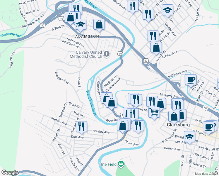 map of restaurants, bars, coffee shops, grocery stores, and more near 53 Watkins Lane in Clarksburg