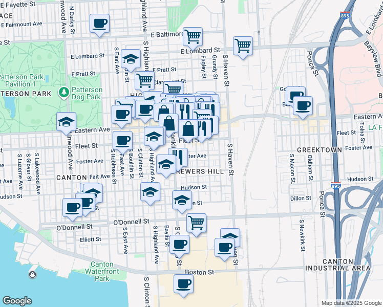 map of restaurants, bars, coffee shops, grocery stores, and more near 3716 Foster Avenue in Baltimore
