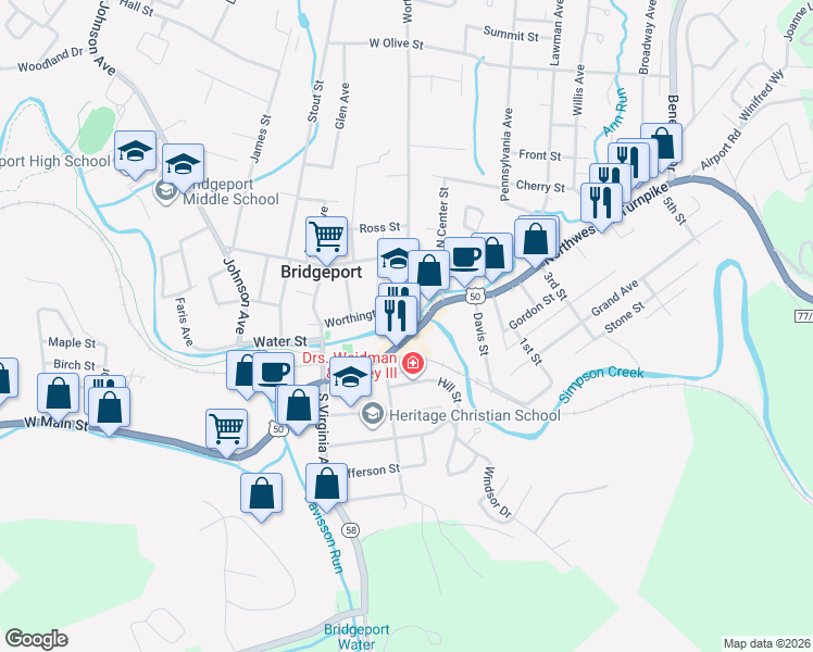 map of restaurants, bars, coffee shops, grocery stores, and more near 140 West Main Street in Bridgeport