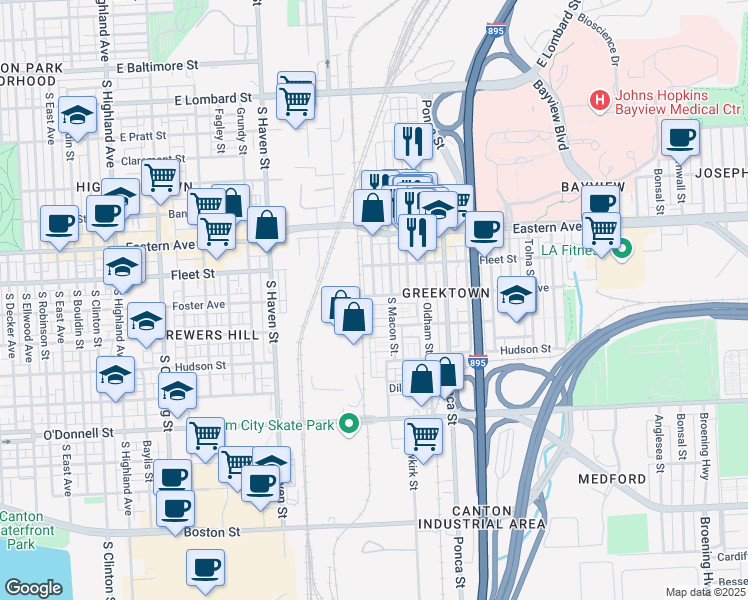 map of restaurants, bars, coffee shops, grocery stores, and more near 4501 Foster Avenue in Baltimore