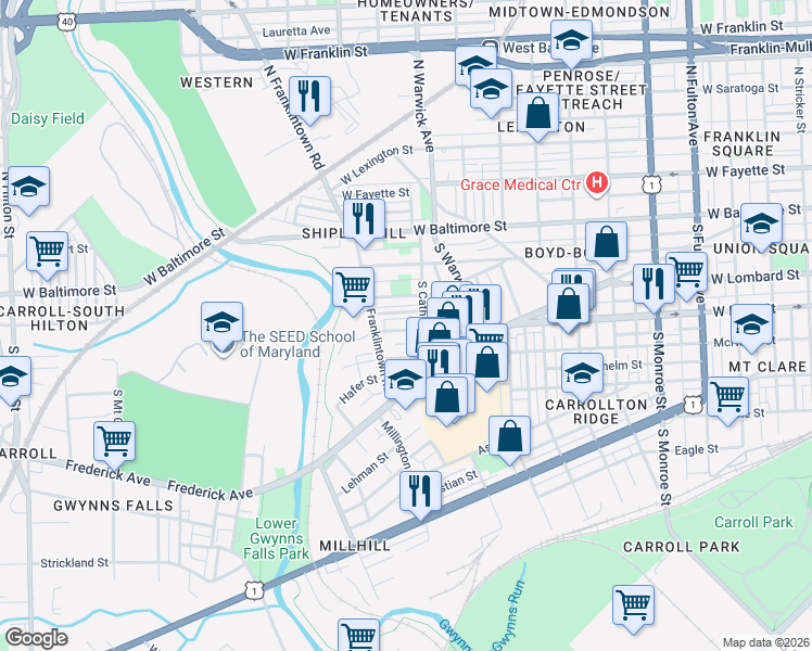 map of restaurants, bars, coffee shops, grocery stores, and more near 2524 West Pratt Street in Baltimore
