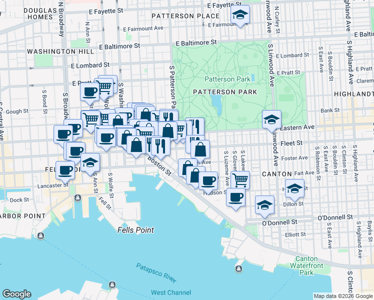 map of restaurants, bars, coffee shops, grocery stores, and more near 2323 Fleet Street in Baltimore