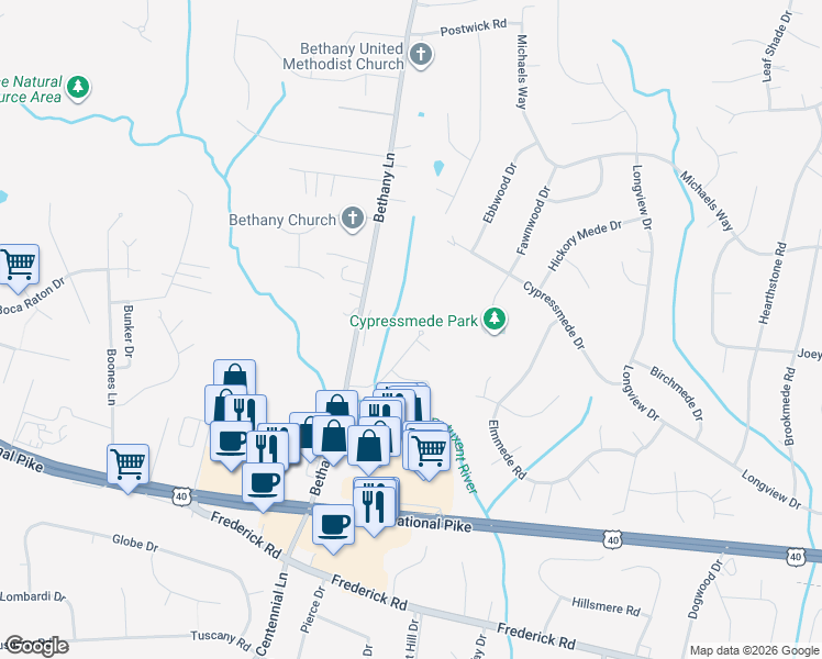 map of restaurants, bars, coffee shops, grocery stores, and more near 3220 Wood Stream Lane in Ellicott City