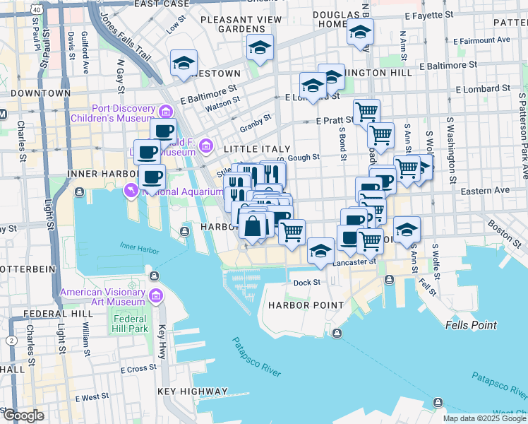 map of restaurants, bars, coffee shops, grocery stores, and more near 509 South Exeter Street in Baltimore