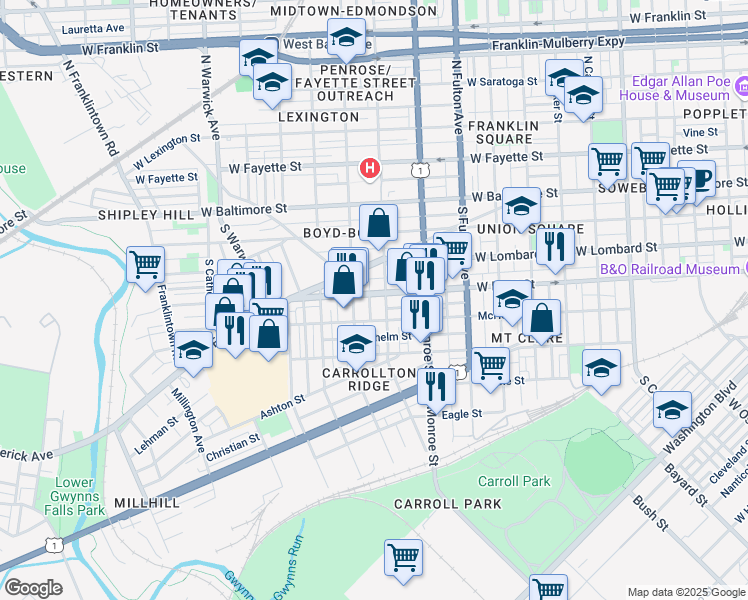 map of restaurants, bars, coffee shops, grocery stores, and more near 2015 West Pratt Street in Baltimore