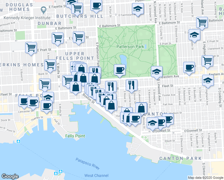 map of restaurants, bars, coffee shops, grocery stores, and more near 2403 Fleet Street in Baltimore