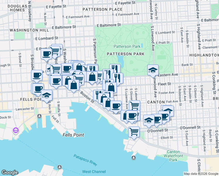 map of restaurants, bars, coffee shops, grocery stores, and more near 2405 Fleet Street in Baltimore