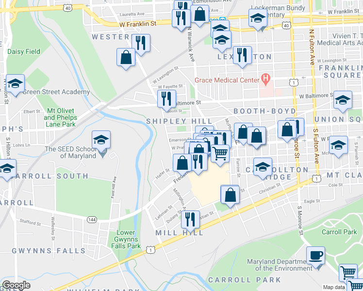 map of restaurants, bars, coffee shops, grocery stores, and more near 2532 West Pratt Street in Baltimore