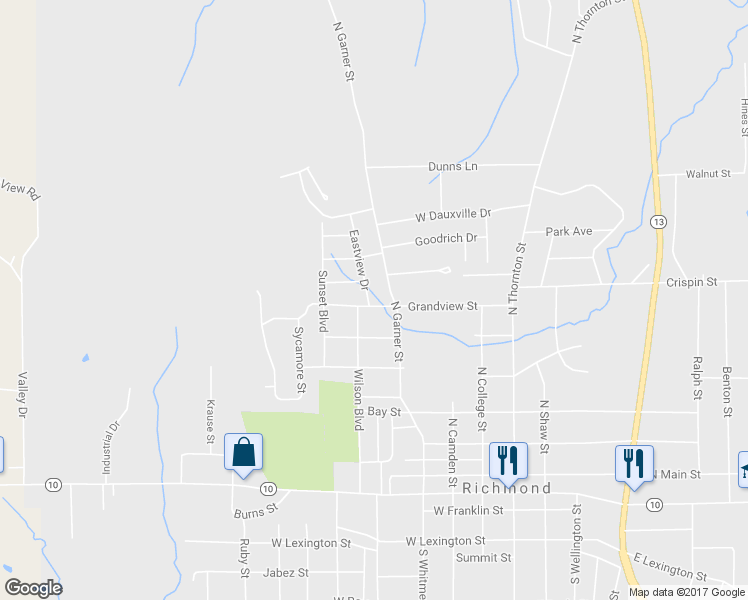 map of restaurants, bars, coffee shops, grocery stores, and more near 701 Eastview Drive in Richmond