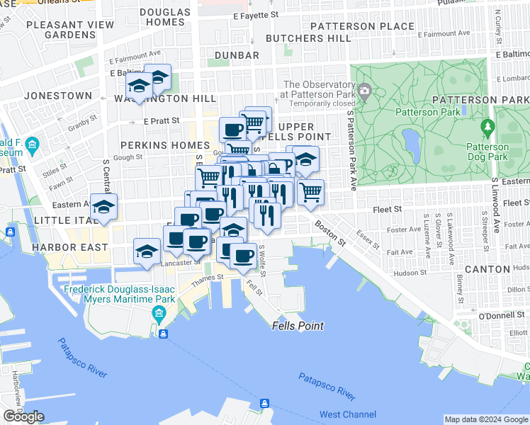 map of restaurants, bars, coffee shops, grocery stores, and more near 1906 Fleet Street in Baltimore