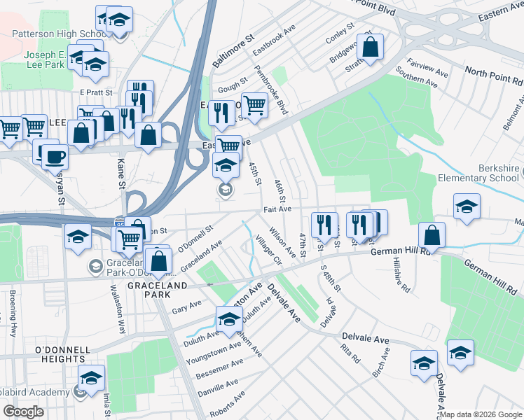 map of restaurants, bars, coffee shops, grocery stores, and more near Fait Ave & 45th St in Dundalk