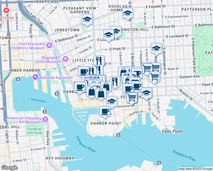 map of restaurants, bars, coffee shops, grocery stores, and more near 1401 Eastern Avenue in Essex
