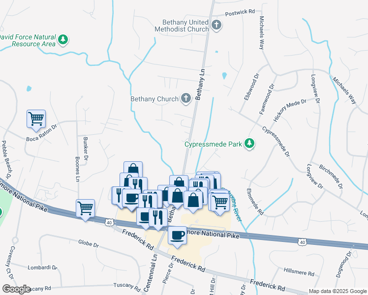 map of restaurants, bars, coffee shops, grocery stores, and more near 3142 Bethany Lane in Ellicott City
