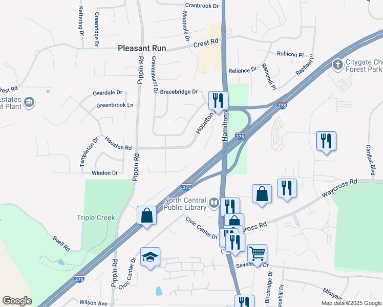 map of restaurants, bars, coffee shops, grocery stores, and more near 2457 Houston Road in Cincinnati