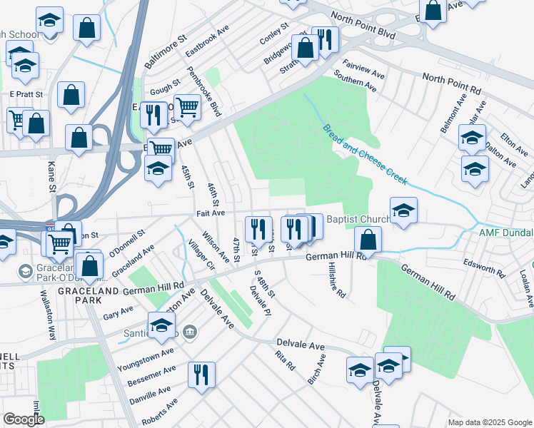 map of restaurants, bars, coffee shops, grocery stores, and more near 7209 Fait Avenue in Baltimore