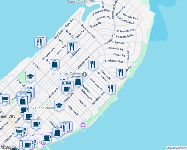 map of restaurants, bars, coffee shops, grocery stores, and more near 800-1-02 Delancey Place in Ocean City