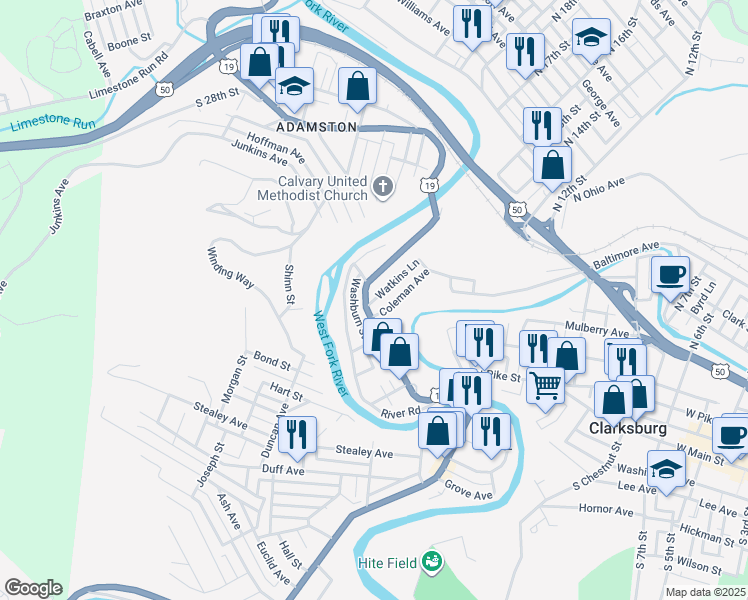 map of restaurants, bars, coffee shops, grocery stores, and more near 53 Watkins Lane in Clarksburg