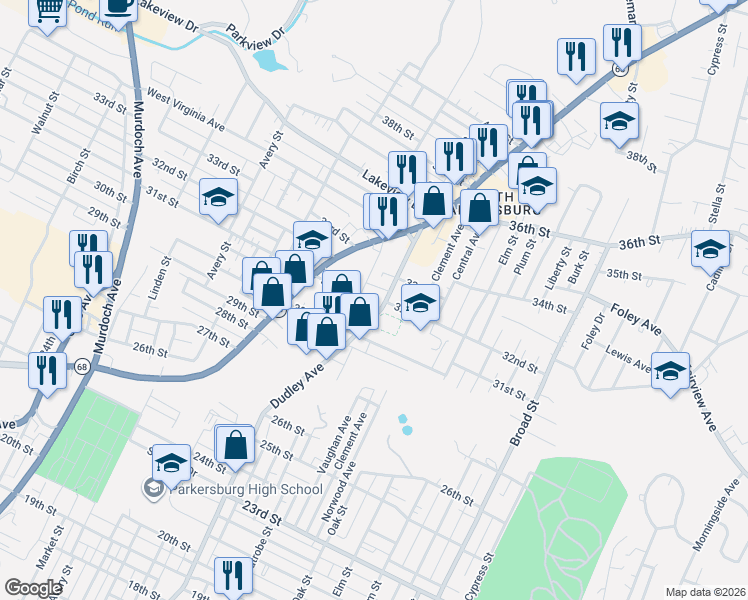 map of restaurants, bars, coffee shops, grocery stores, and more near 1273 31st Street in Parkersburg