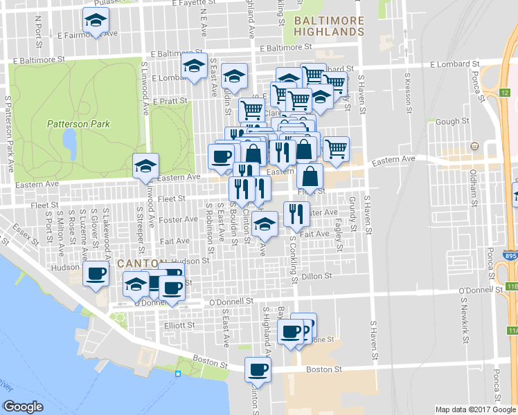 map of restaurants, bars, coffee shops, grocery stores, and more near 3317 Schuck Street in Baltimore