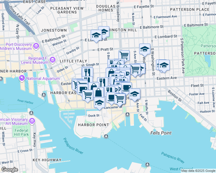 map of restaurants, bars, coffee shops, grocery stores, and more near 522 South Bond Street in Baltimore