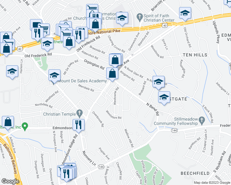 map of restaurants, bars, coffee shops, grocery stores, and more near 203 Westowne Road in Baltimore