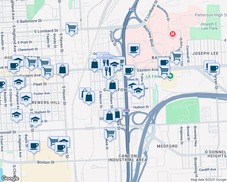 map of restaurants, bars, coffee shops, grocery stores, and more near 701 Oldham Street in Baltimore