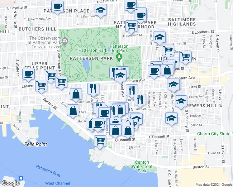 map of restaurants, bars, coffee shops, grocery stores, and more near 612 South Streeper Street in Baltimore