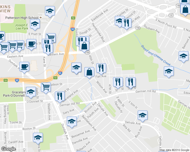 map of restaurants, bars, coffee shops, grocery stores, and more near 6844 Fait Ave in Dundalk