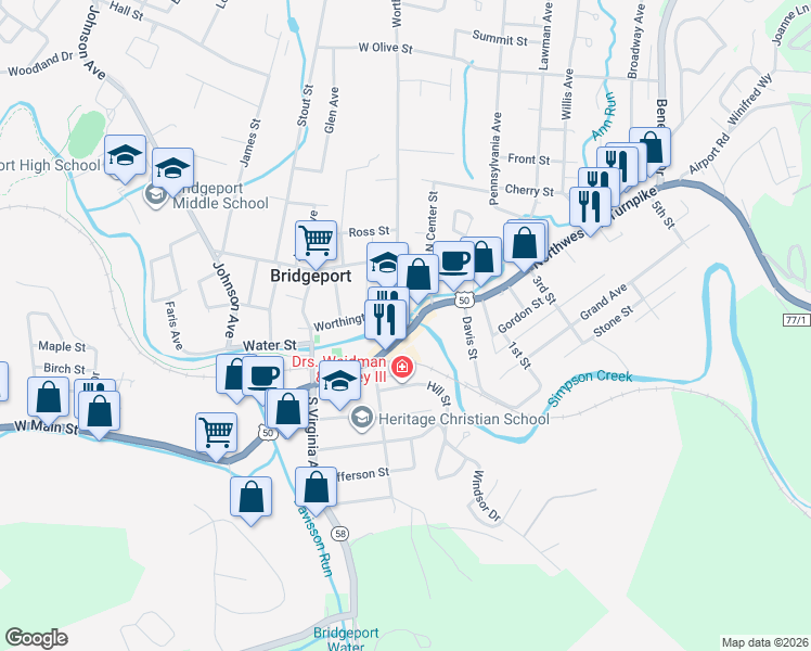map of restaurants, bars, coffee shops, grocery stores, and more near 140 West Main Street in Bridgeport