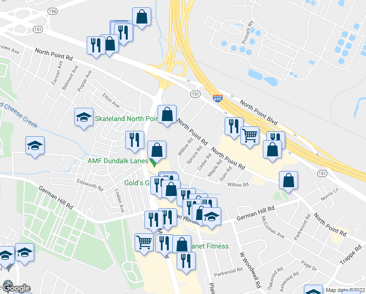 map of restaurants, bars, coffee shops, grocery stores, and more near 1213 Willow Road in Dundalk