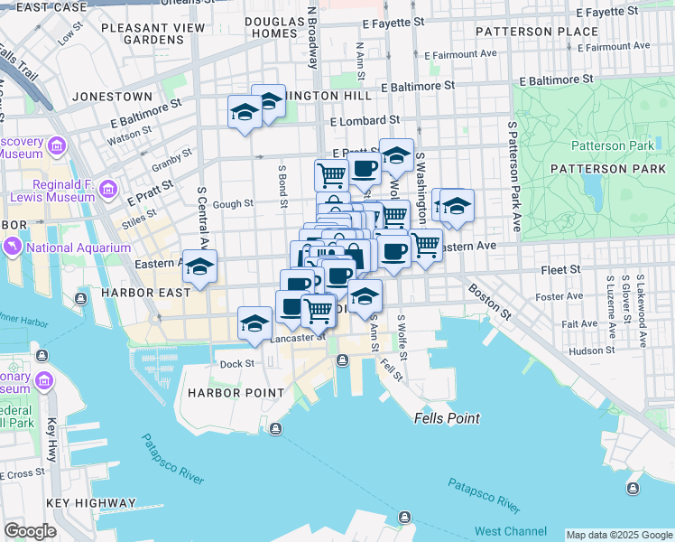 map of restaurants, bars, coffee shops, grocery stores, and more near 523 South Broadway in Baltimore