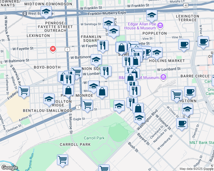 map of restaurants, bars, coffee shops, grocery stores, and more near 220 South Stricker Street in Baltimore