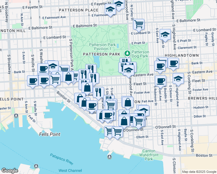 map of restaurants, bars, coffee shops, grocery stores, and more near 2619 Fleet Street in Baltimore