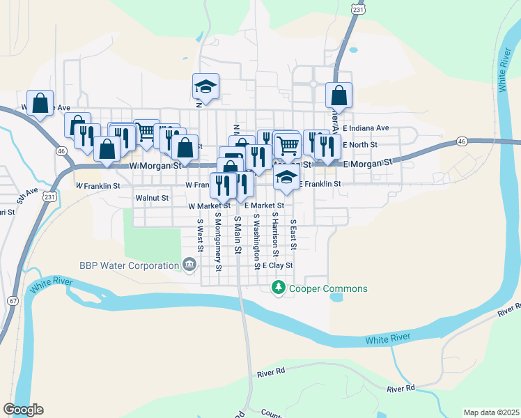 map of restaurants, bars, coffee shops, grocery stores, and more near 110 East Market Street in Spencer